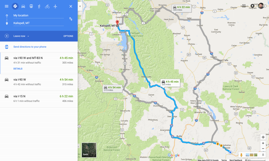 three routes, bozeman kalispell, google maps