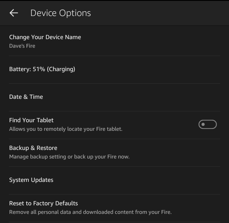 amazon kindle fire hd settings system device options