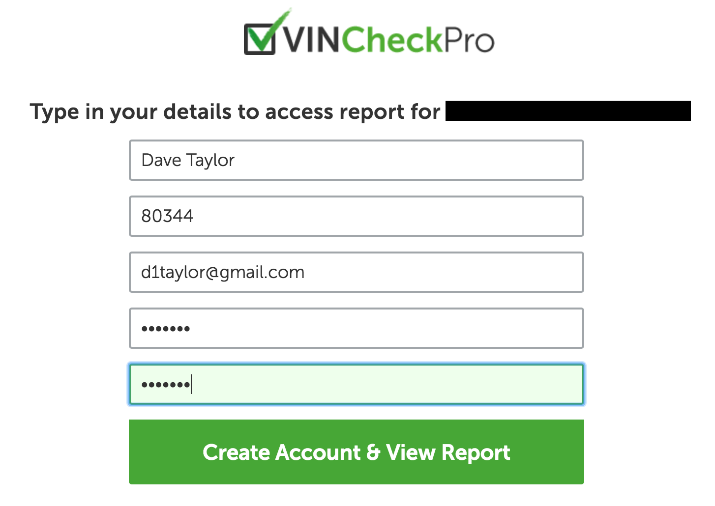 set up account for free vin reports