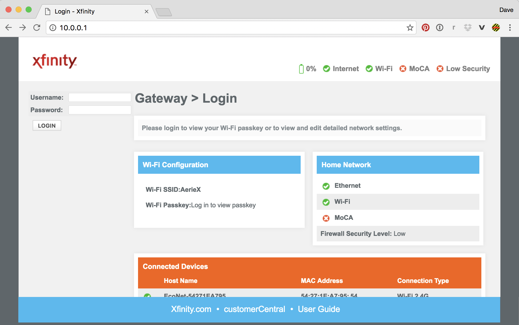 change comcast cable box modem admin pw