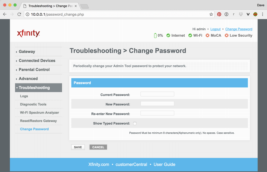 change admin password, comcast xfinity cable modem box