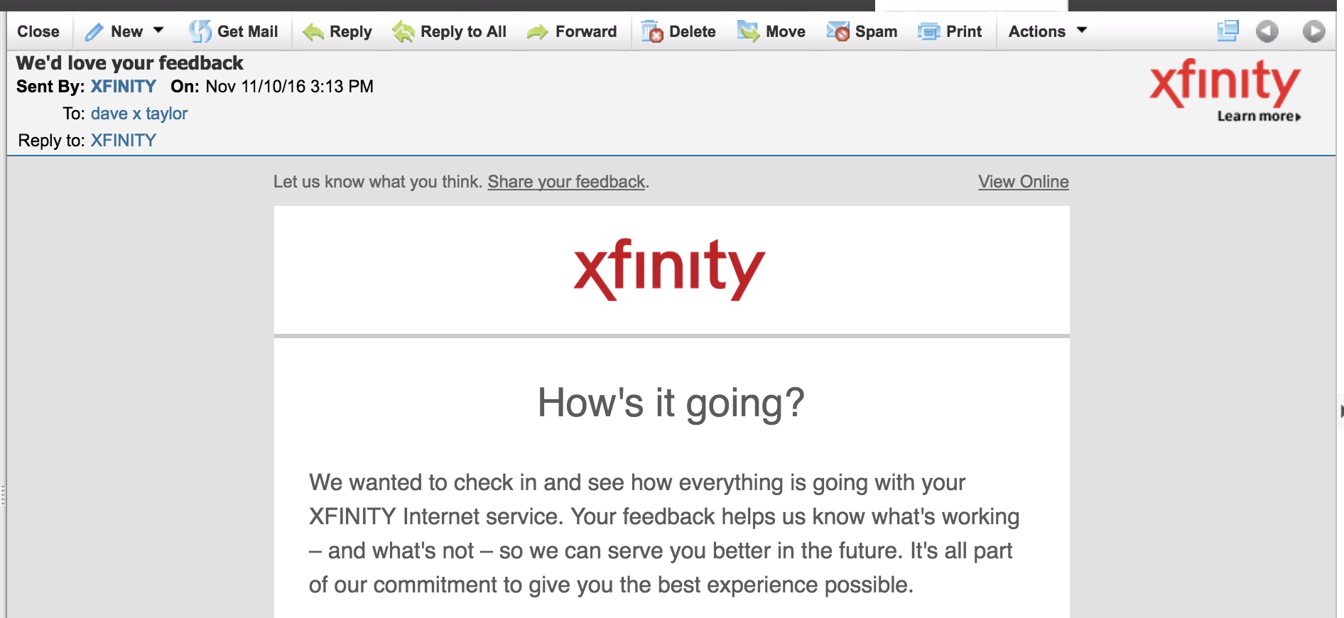 xfinity we'd like your feedback email message