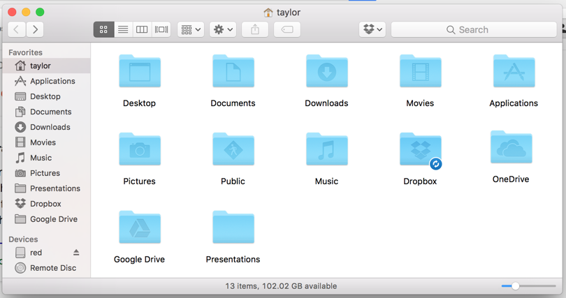 finder window, typical mac os account home folder