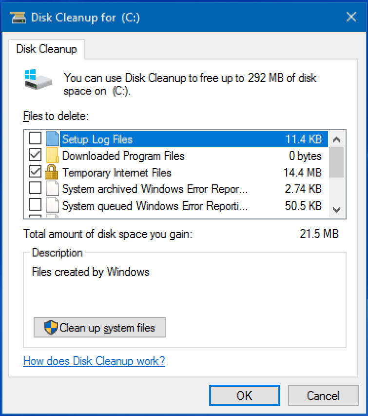 win10 disk cleanup, user screen