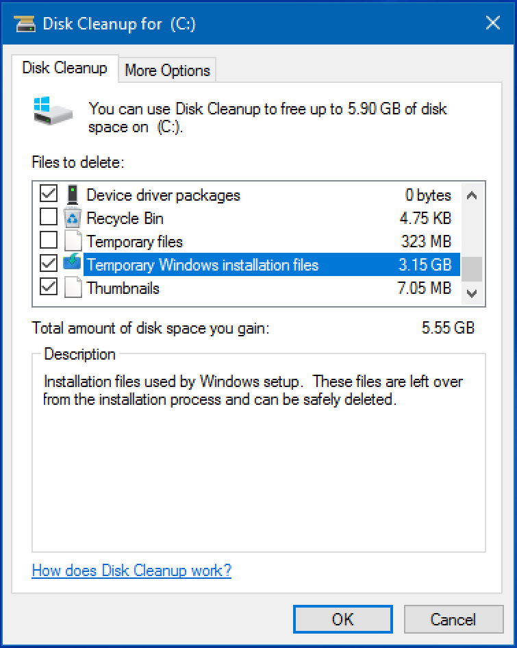 win10 free up disk space windows update temp files