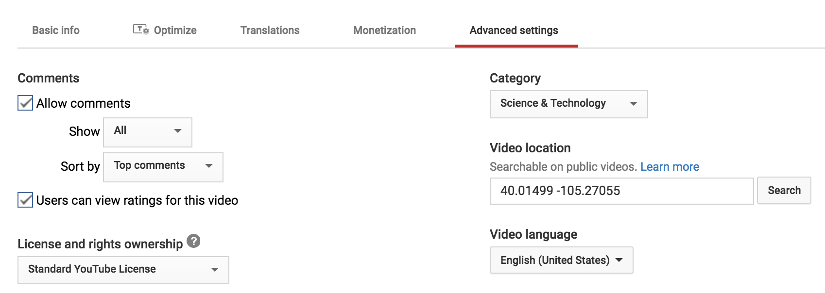 'advanced settings' youtube video manager