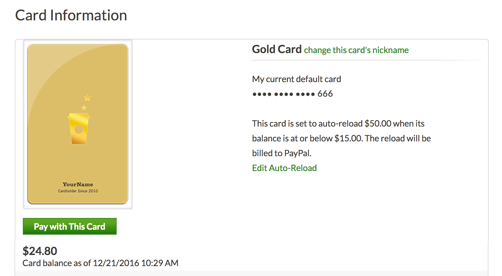 starbucks gold card, auto reload enabled