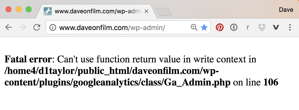 wordpress site broken, error message displayed