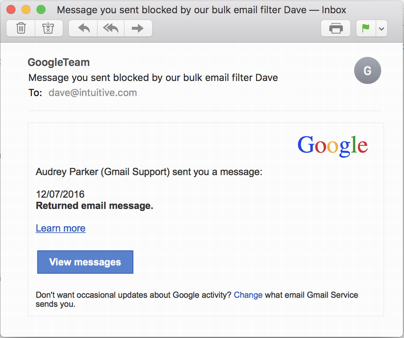 spam scam message you sent blocked by our bulk email filter google gmail