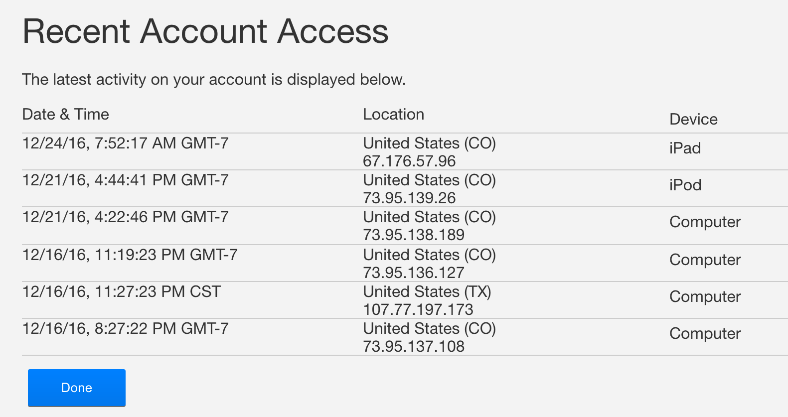 recent netflix account access list ip