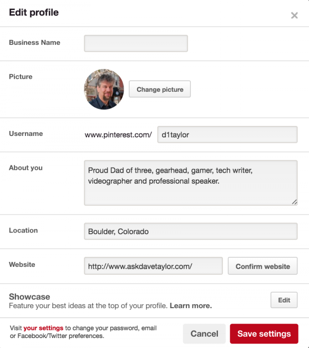How do I add a “Showcase” to my Pinterest Profile?