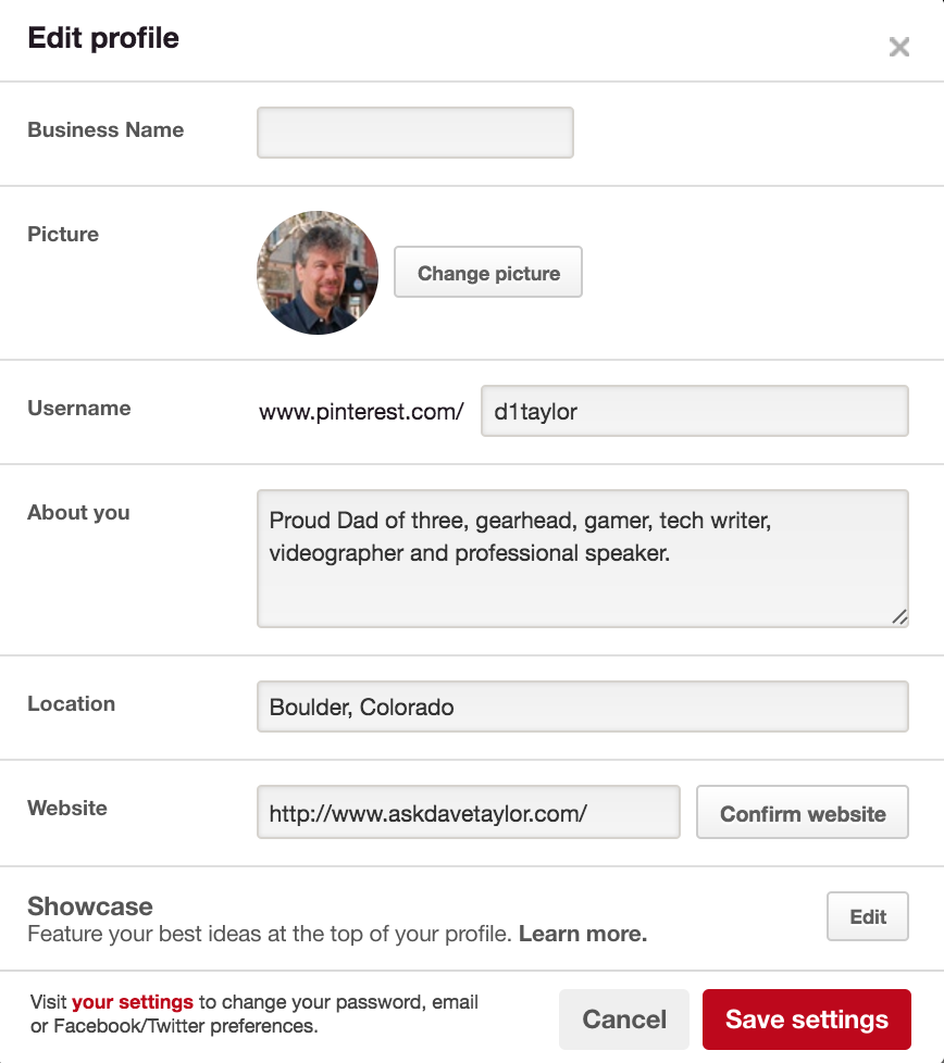 business pinterest profile settings