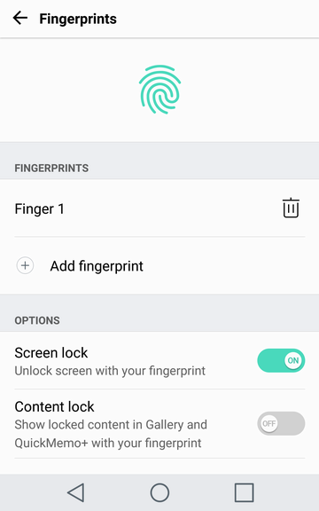 fingerprints configuration and setting area, android v20 lg