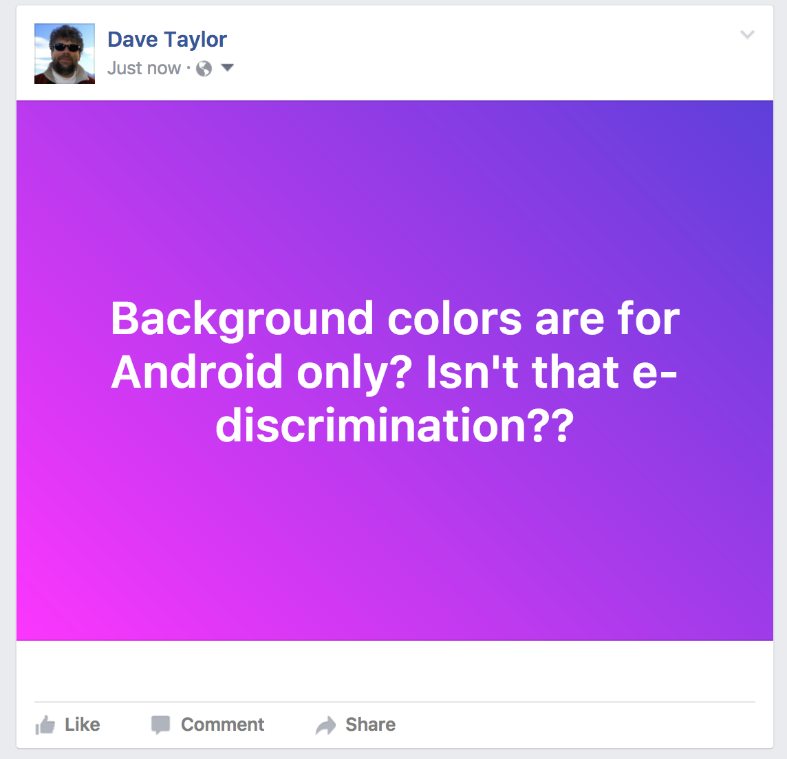 facebook status update with pink/purple gradient background color