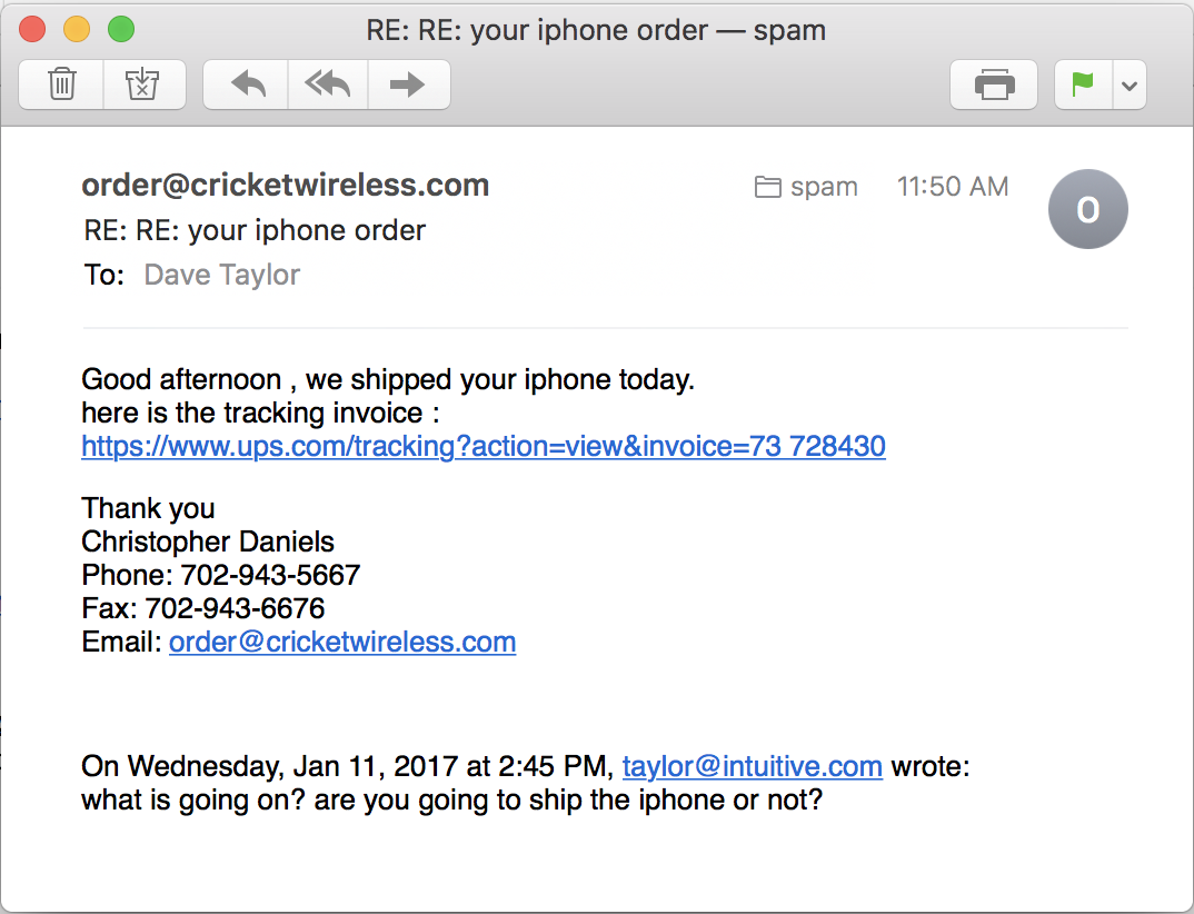 bogus cricket wireless ups tracking spam email