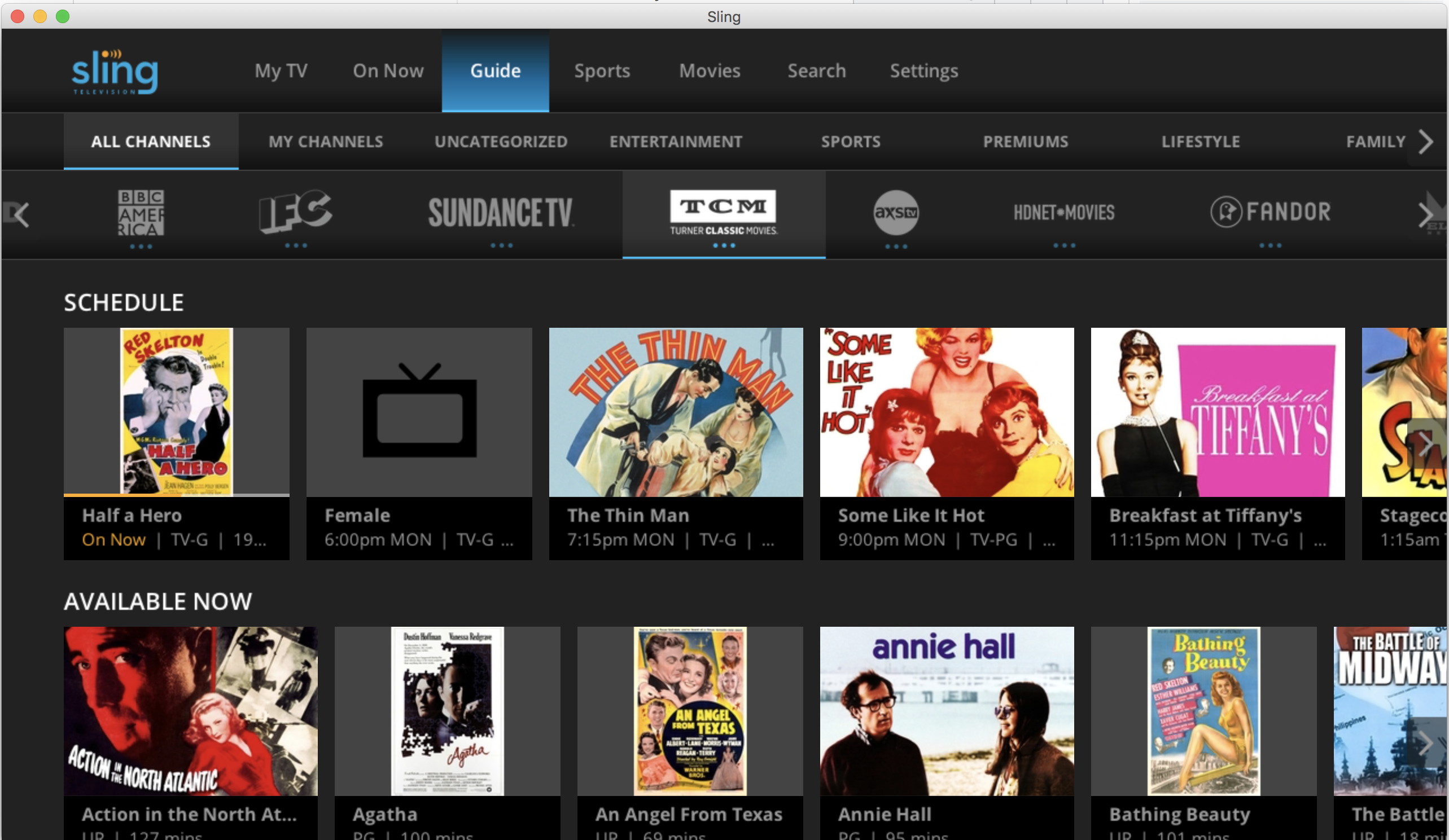 coming on tcm slingtv mac app