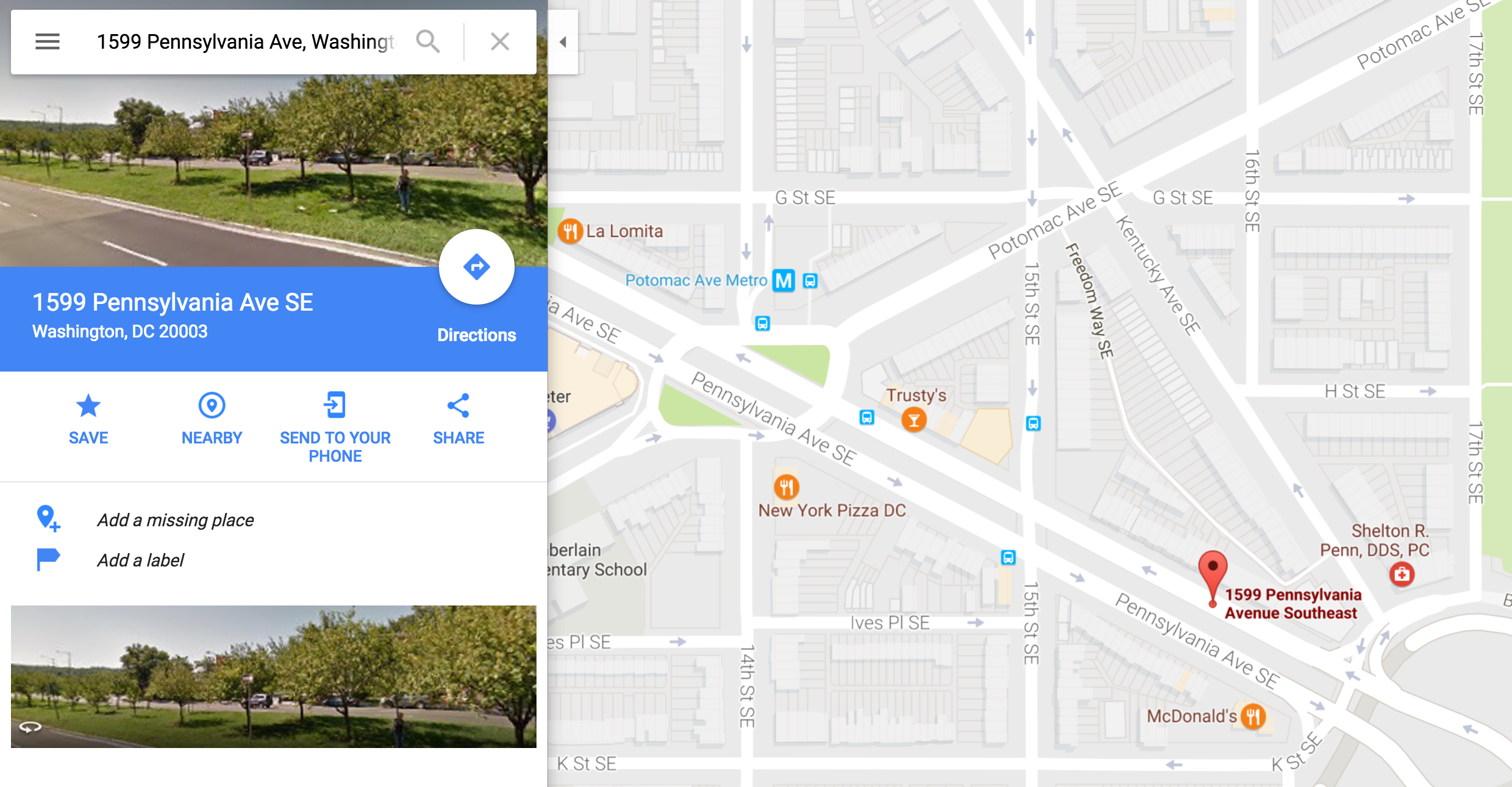 1599 pennsylvania ave, washington dc in google maps