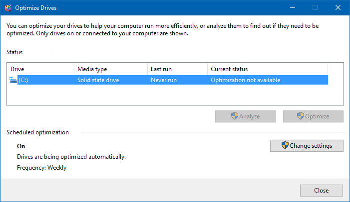 win10 can't optimize ssd solid state drive