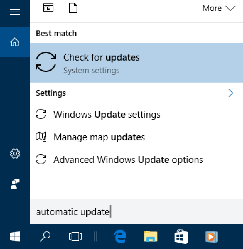 win10 menu search cortana 'update windows'