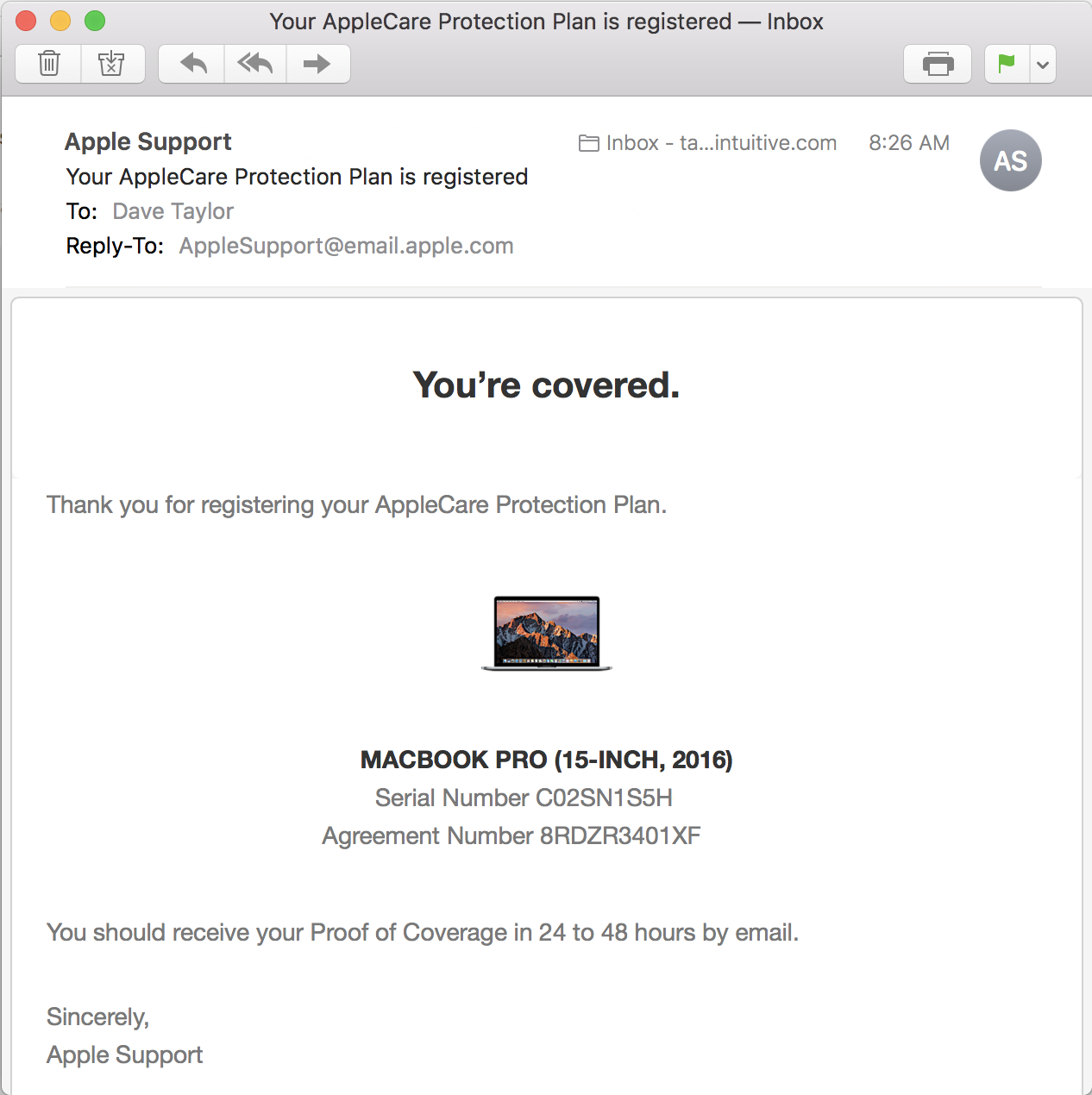 email confirming applecare coverage, macbook pro