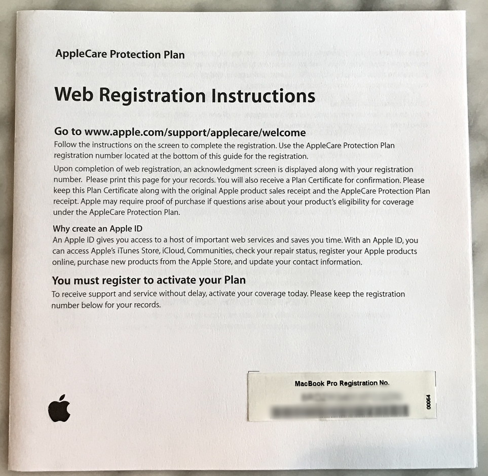 applecare with product registration code