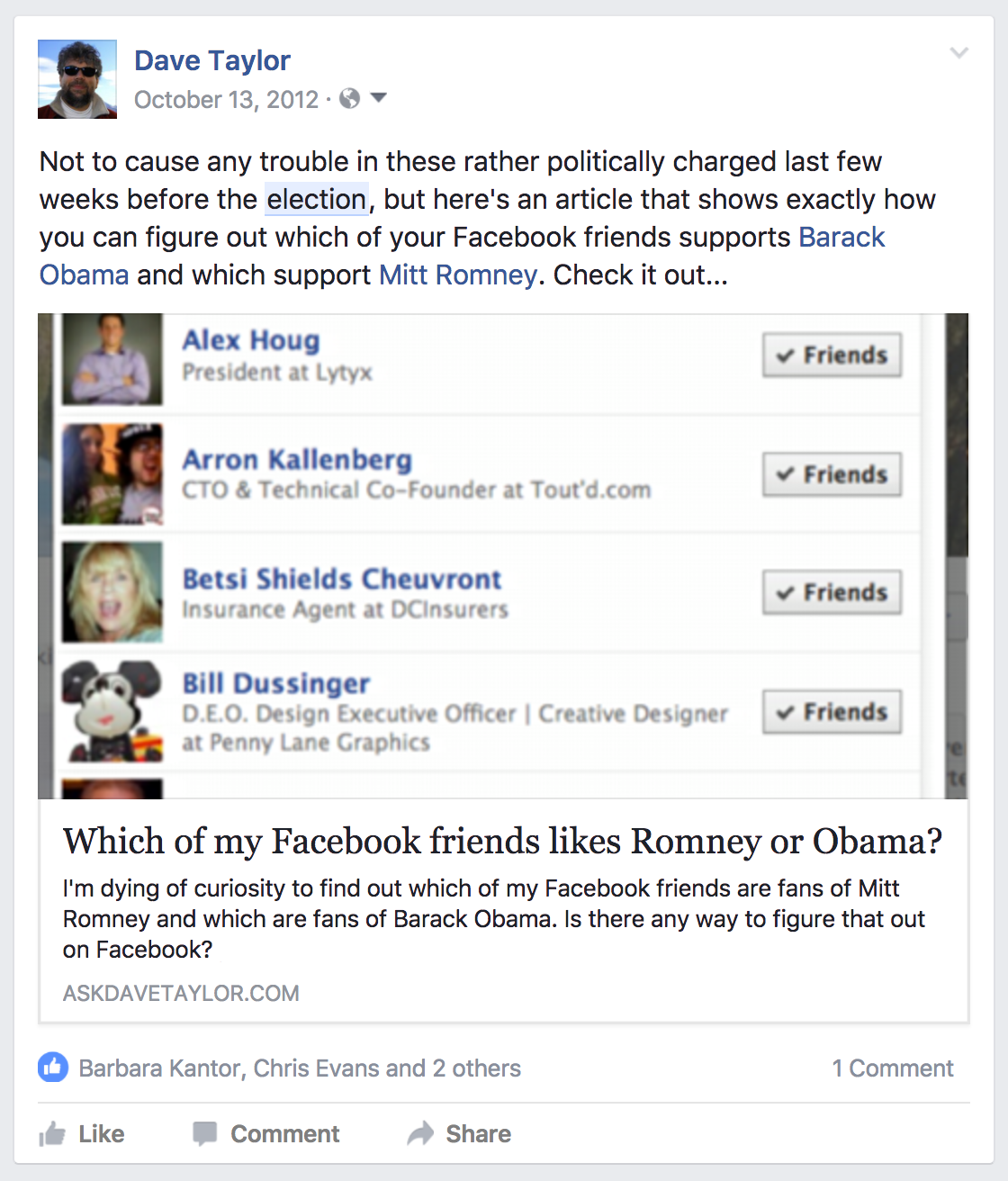 old facebook political election status update post 2012