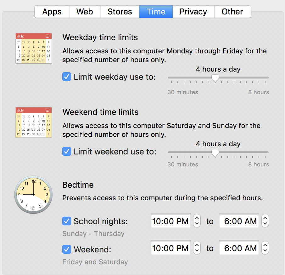 access times, total computing time limits, parental controls, mac os x