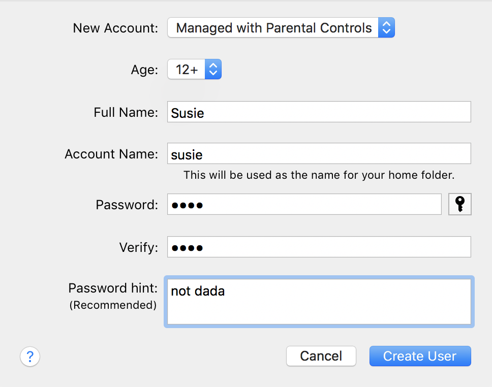 set up child parental controls user account, macos x