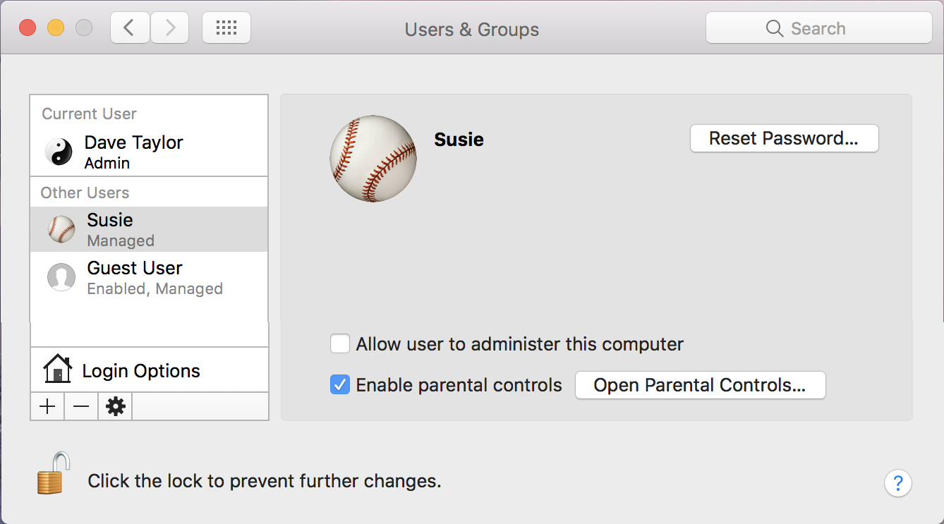 new macos x user account for child susie parental controls