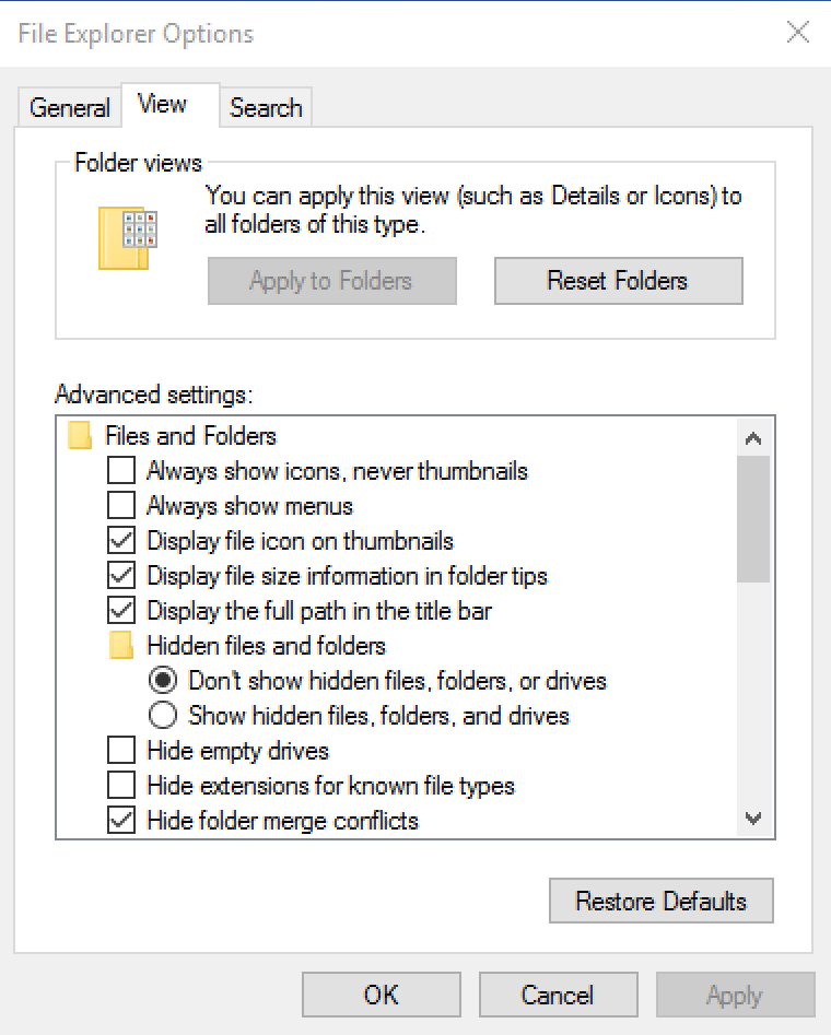 original windows setting hidden files folders win10