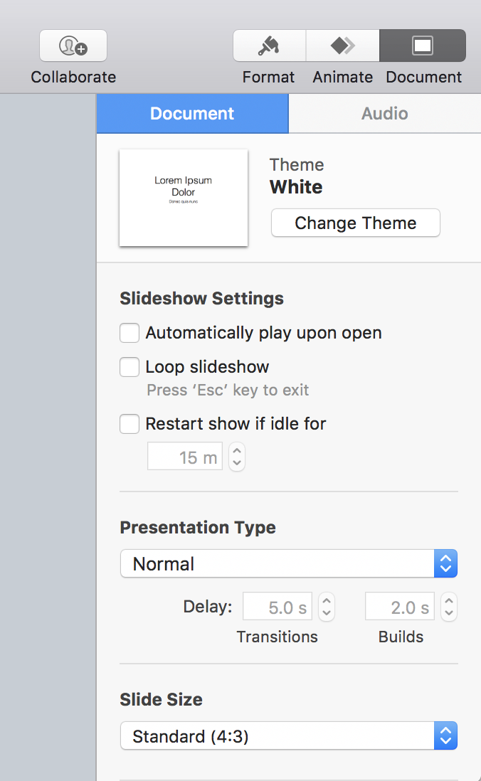 keynote slides document settings preferences