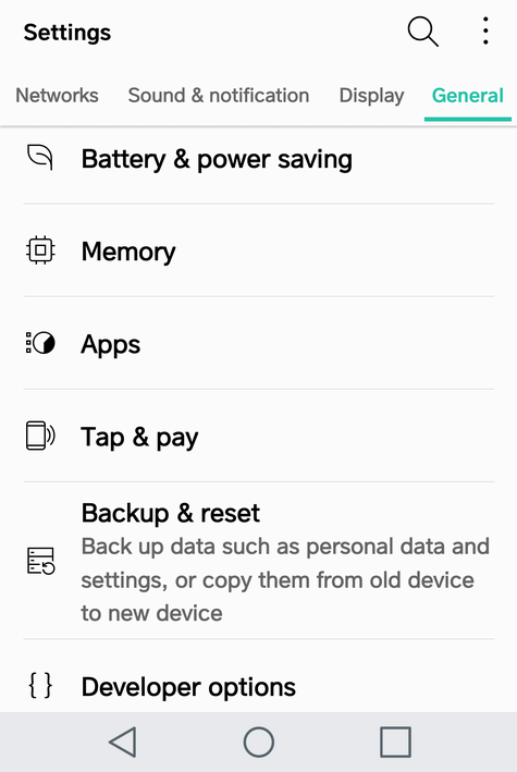 lg v20 android settings 'general'