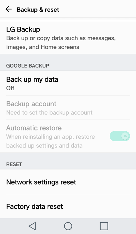 lg v20 android backup and reset option