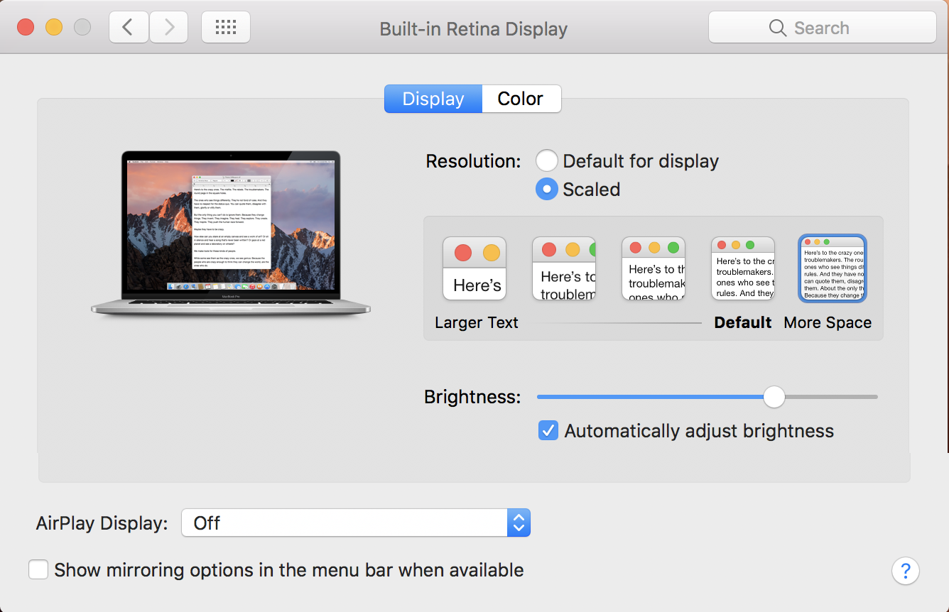 macos x displays system preference, default view