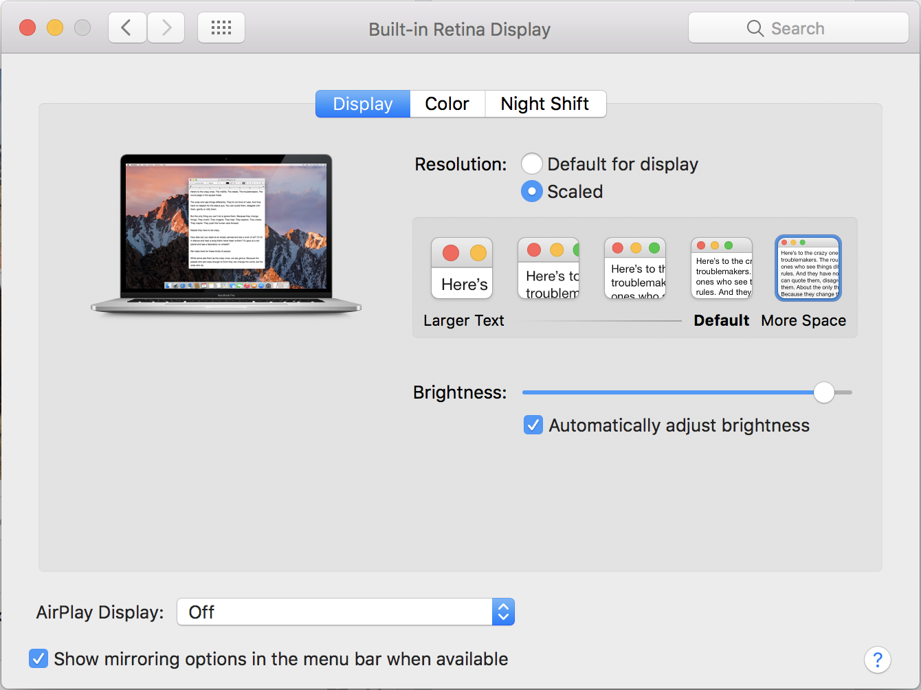 macos x system preferences settings display