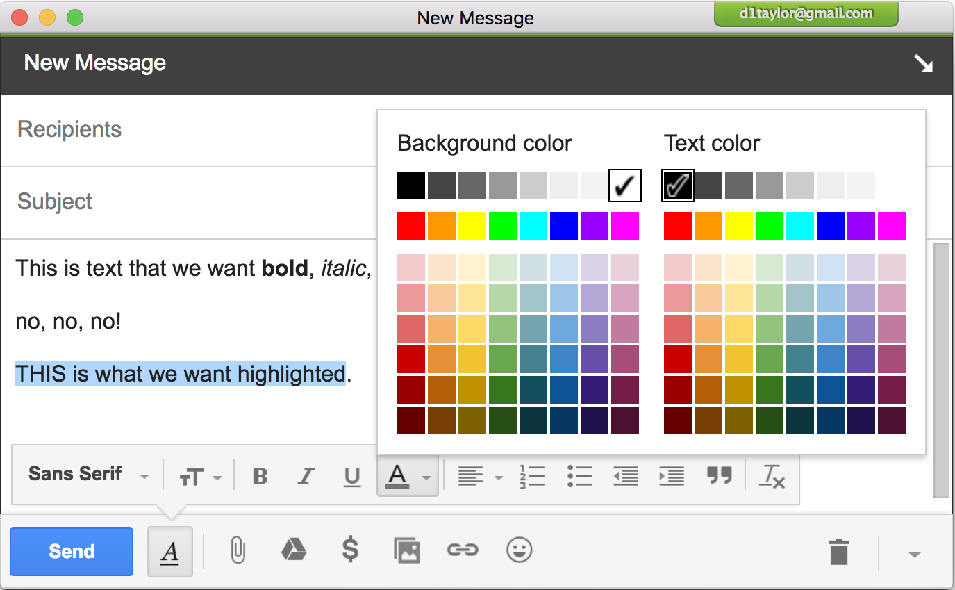 gmail font color background color menu rainbow colors option