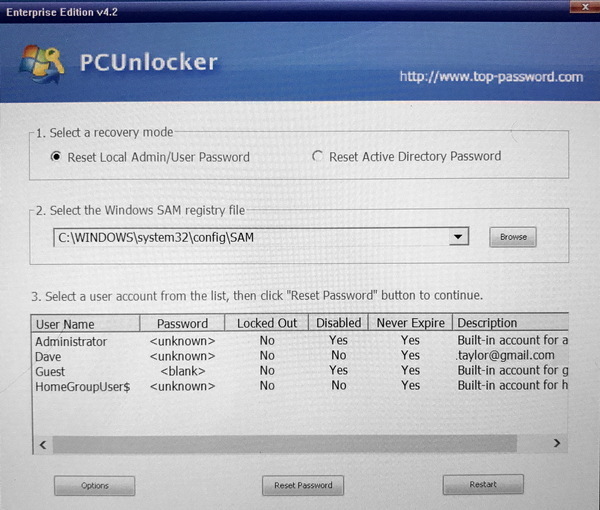 restarted pc, running pcunlocker password cracker