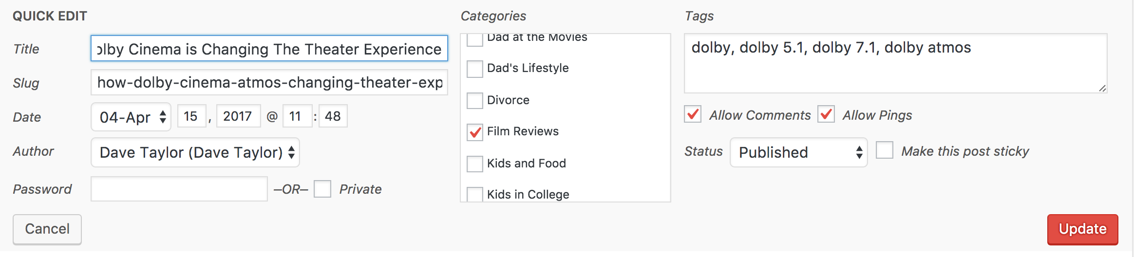 wordpress post queue, quick edit change categories