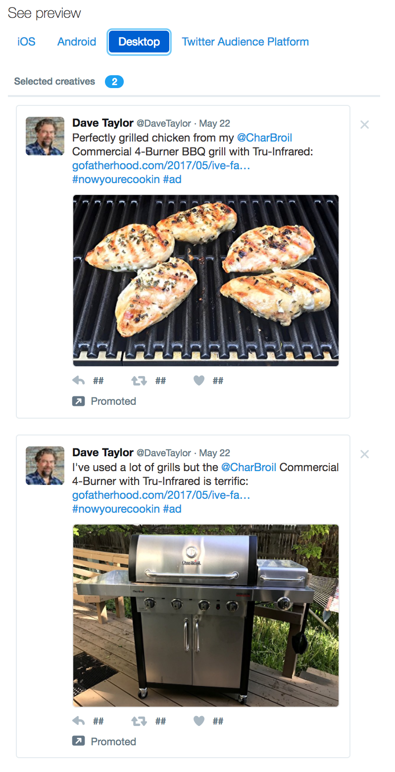 twitter ad ready to launch, two tweets selected