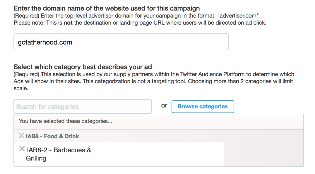 specify iab category, twitter ad