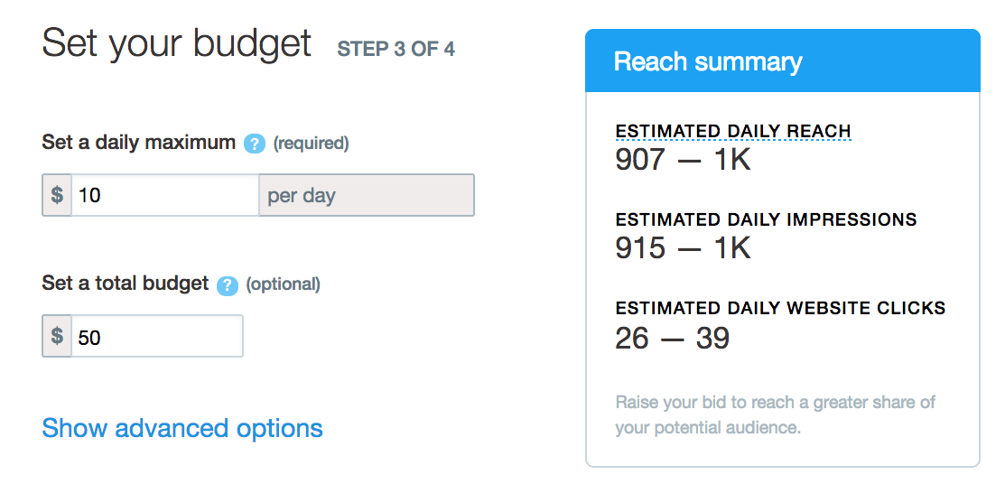twitter ad, specify budget