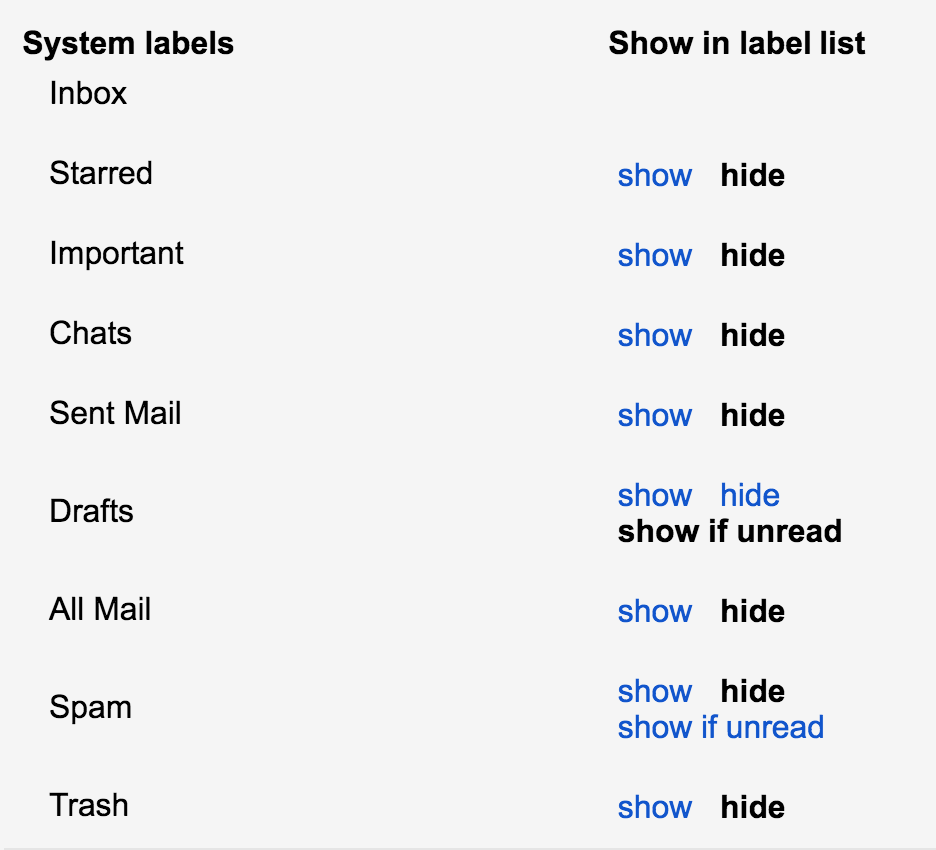 gmail settings - labels show/hide