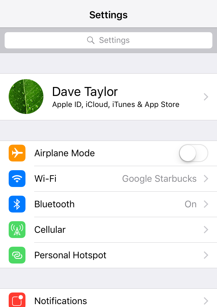 iphone ios settings preferences with search box