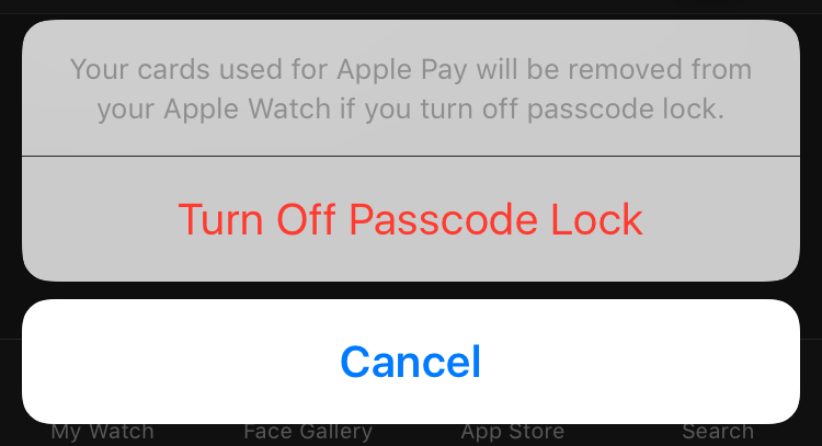 disable apple pay if you turn off passcode lock, apple watch