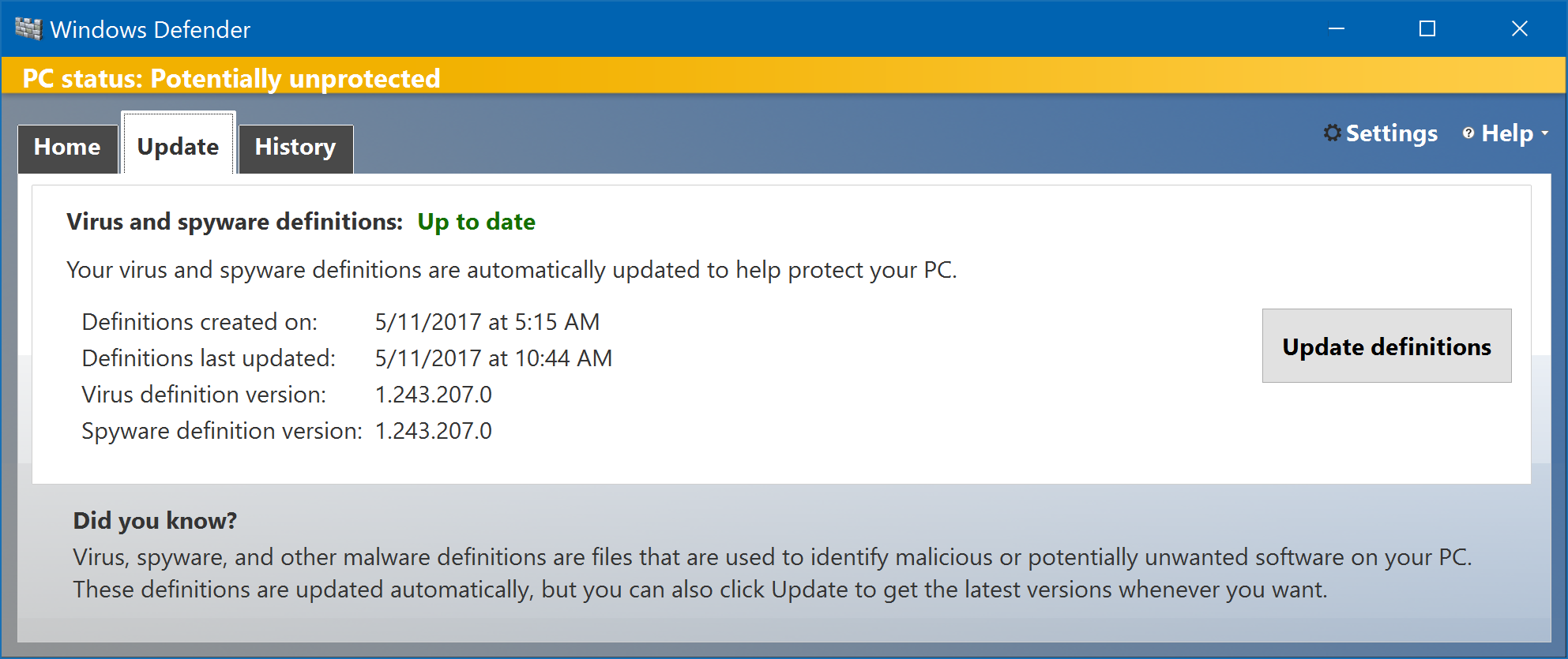 spyware virus definitions updated, windows defender