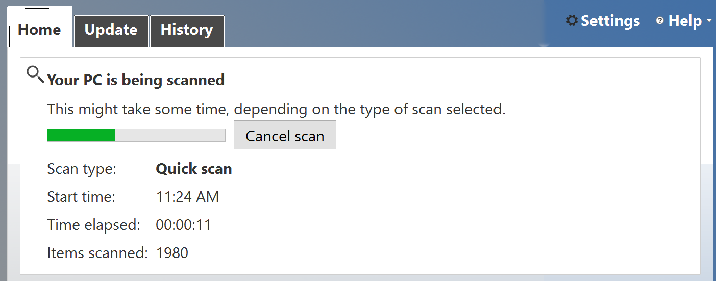 win10 windows defender running quick scan