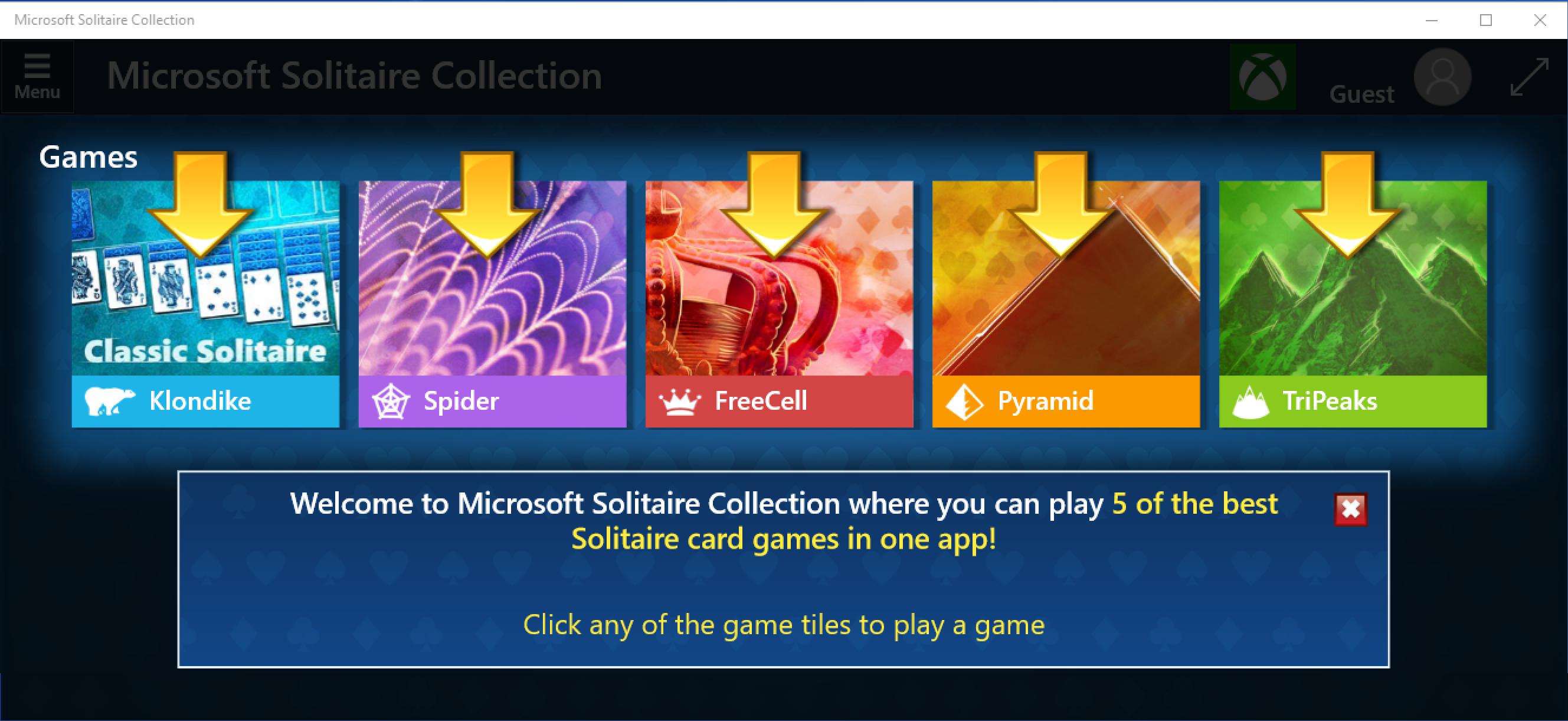 microsoft solitaire collection win10 main choices: klondike, pyramid, tripeak, spider, freecell