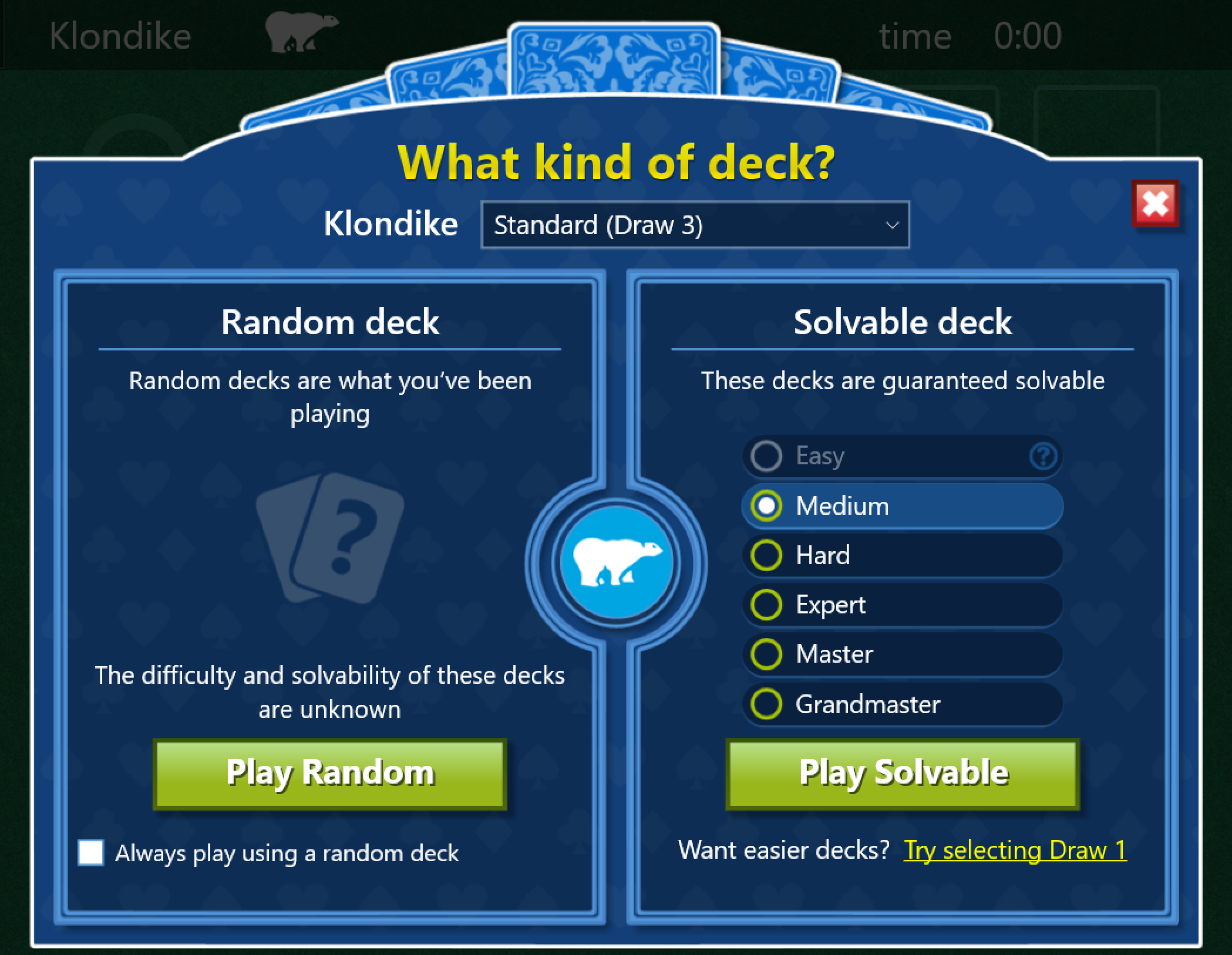 play klondike solitaire windows win10 what kind of deck?