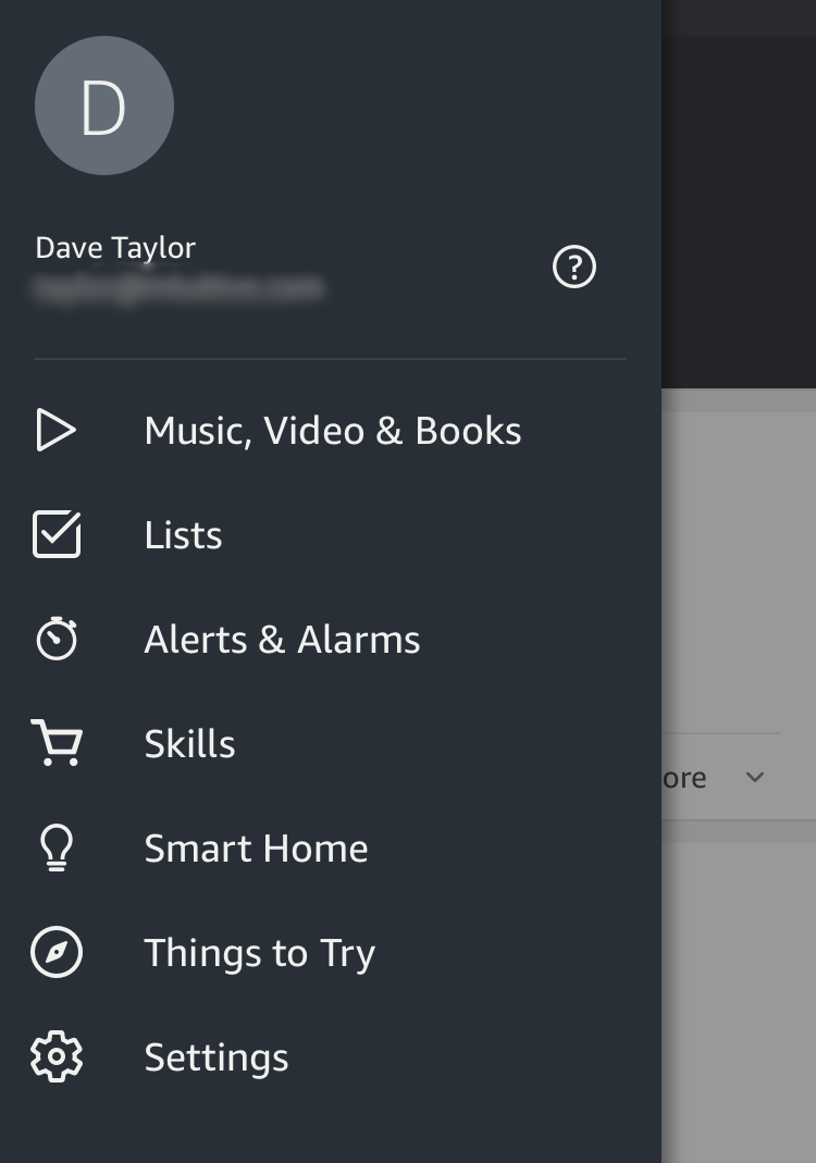 main setup menu, alexa app