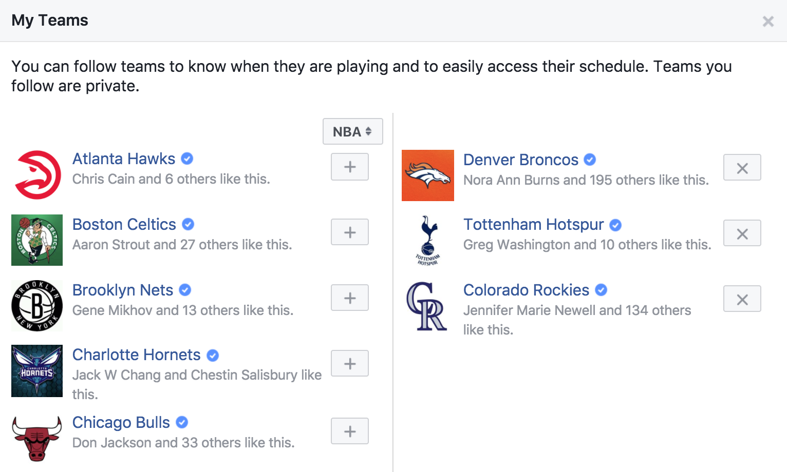 facebook favorite sports teams